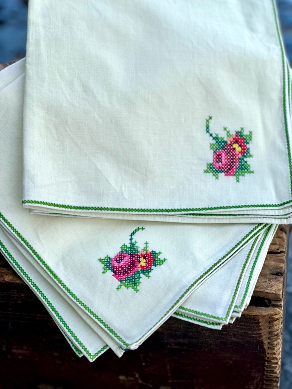 10 Soft Yellow Hand Embroidered Floral  Cotton 16 x 16 Napkins with Green Trim